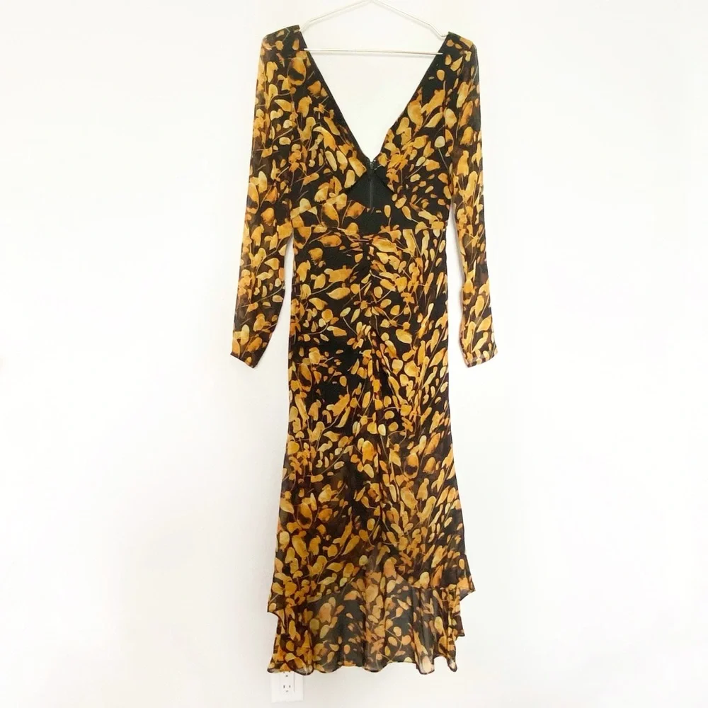 Sau Lee Michella Leaf Print Midi Dress Plunge Black Marigold Spring Boho Size 2 - Picture 8 of 15